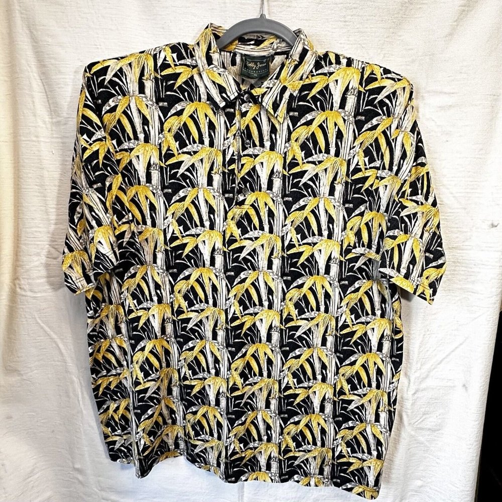 Bobby Jones Colleceion Polo XL Black Yellow Leafy Print Cotton Shirt Italy - Picture 5 of 8